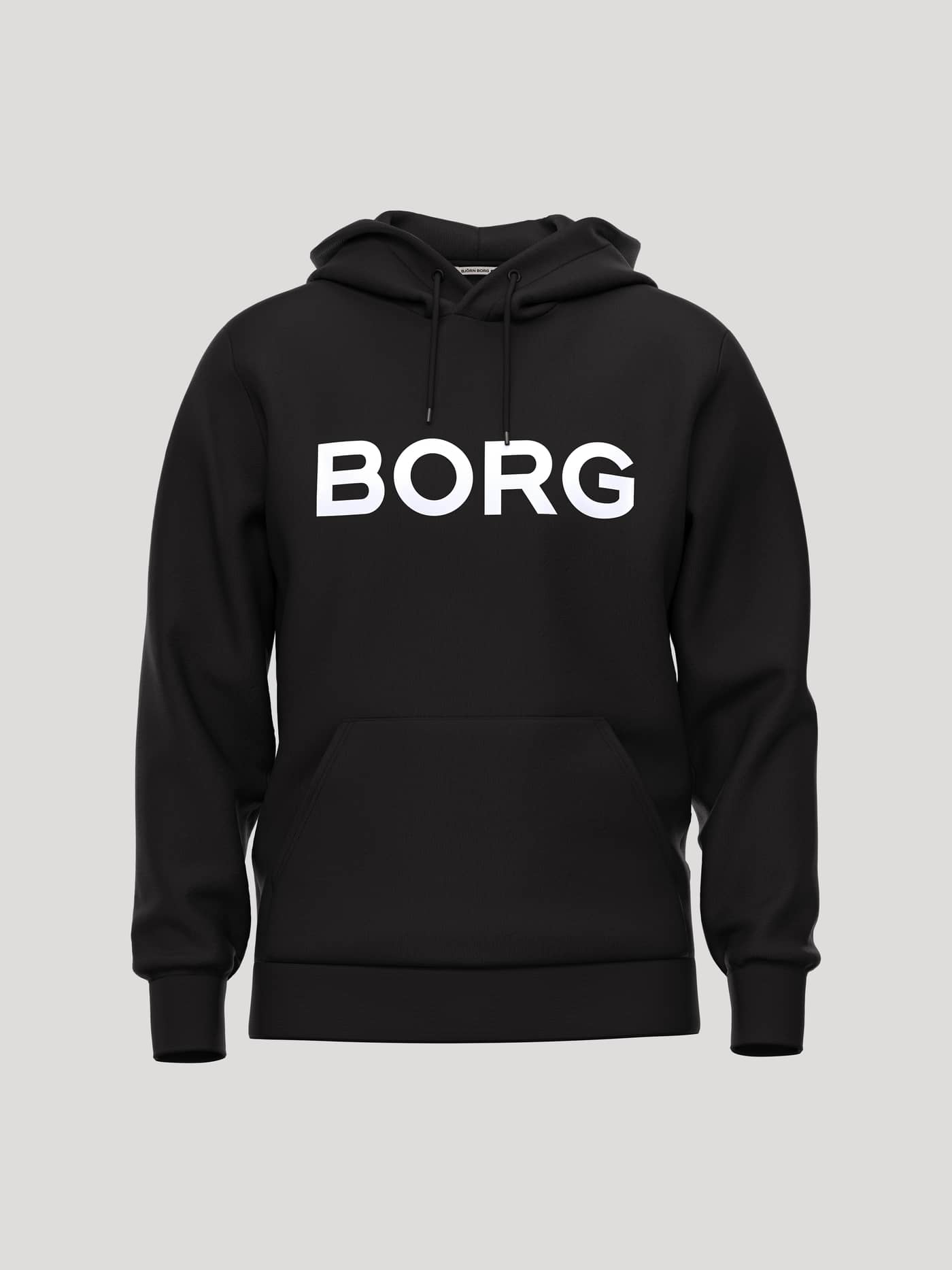 Front view of the Borg Essential 3 Hoodie in Black Beauty (Black) featuring a soft fleece interior and white logo. - Image 1