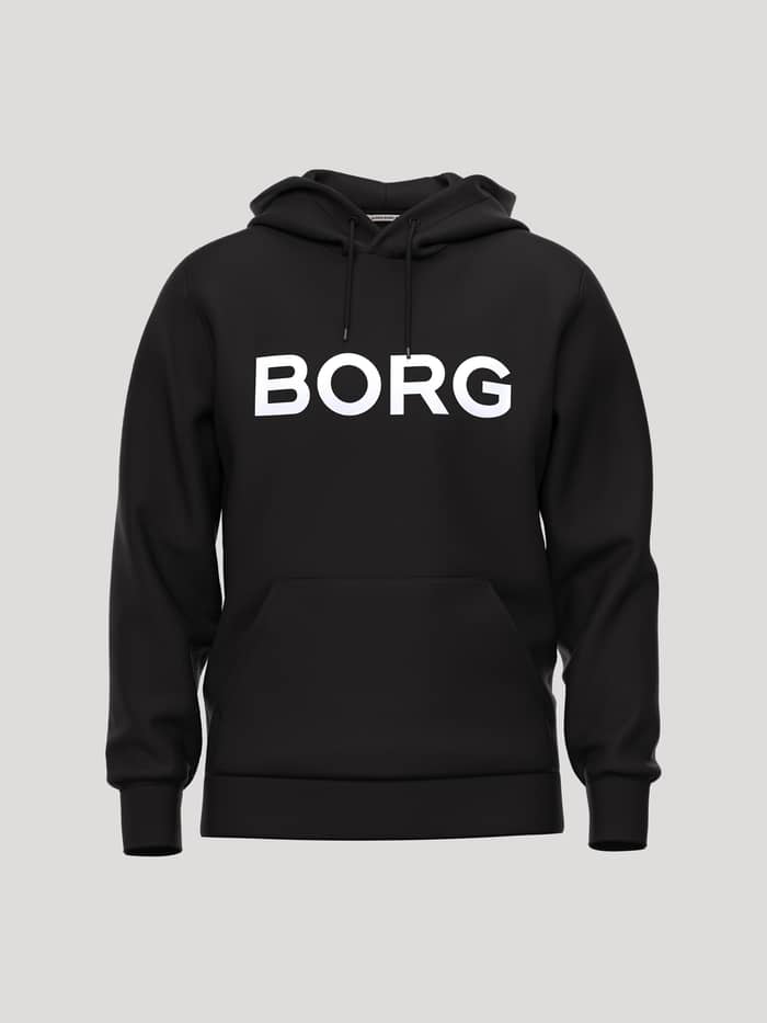 Front view of the Borg Essential 3 Hoodie in Black Beauty (Black) featuring a soft fleece interior and white logo.