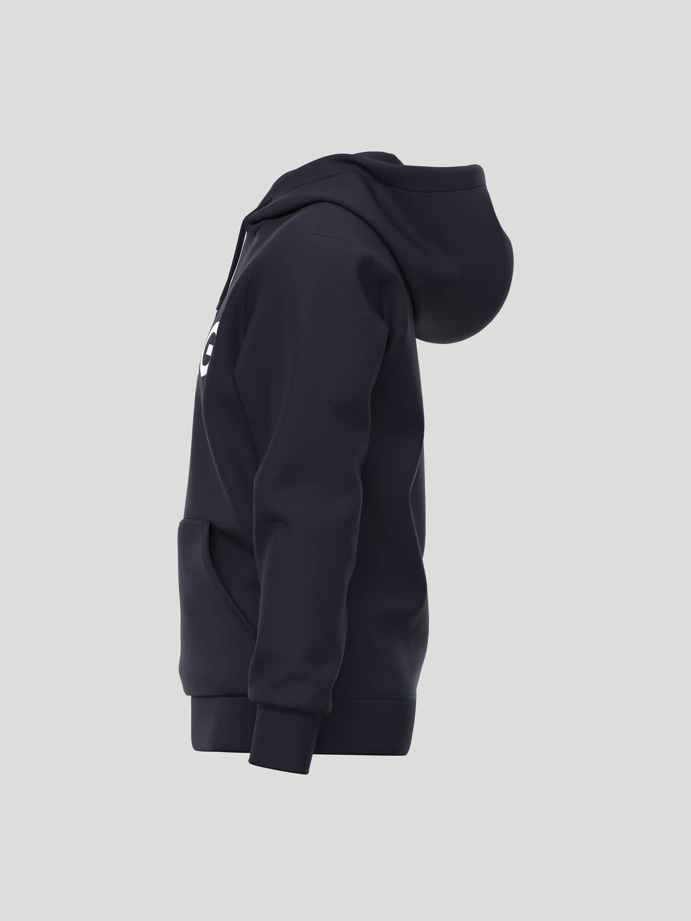 Side view of the Borg Essential 3 Hoodie in Night sky (Navy) featuring a soft fleece finish and white logo print. - Image 3