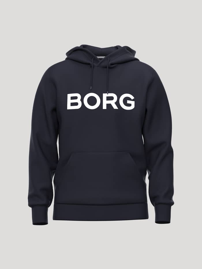 Borg Essential 3 Hoodie in Night sky (Navy) featuring a white logo on the chest and a classic kangaroo pocket.