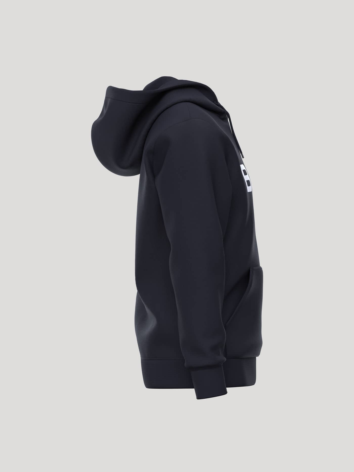 Side view of the Borg Essential 3 Hoodie in Night sky (Navy) featuring a white chest logo and soft brushed fleece. - Image 4