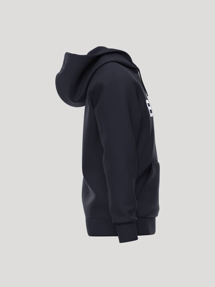 Side view of the Borg Essential 3 Hoodie in Night sky (Navy) featuring a white chest logo and soft brushed fleece. - Image 4