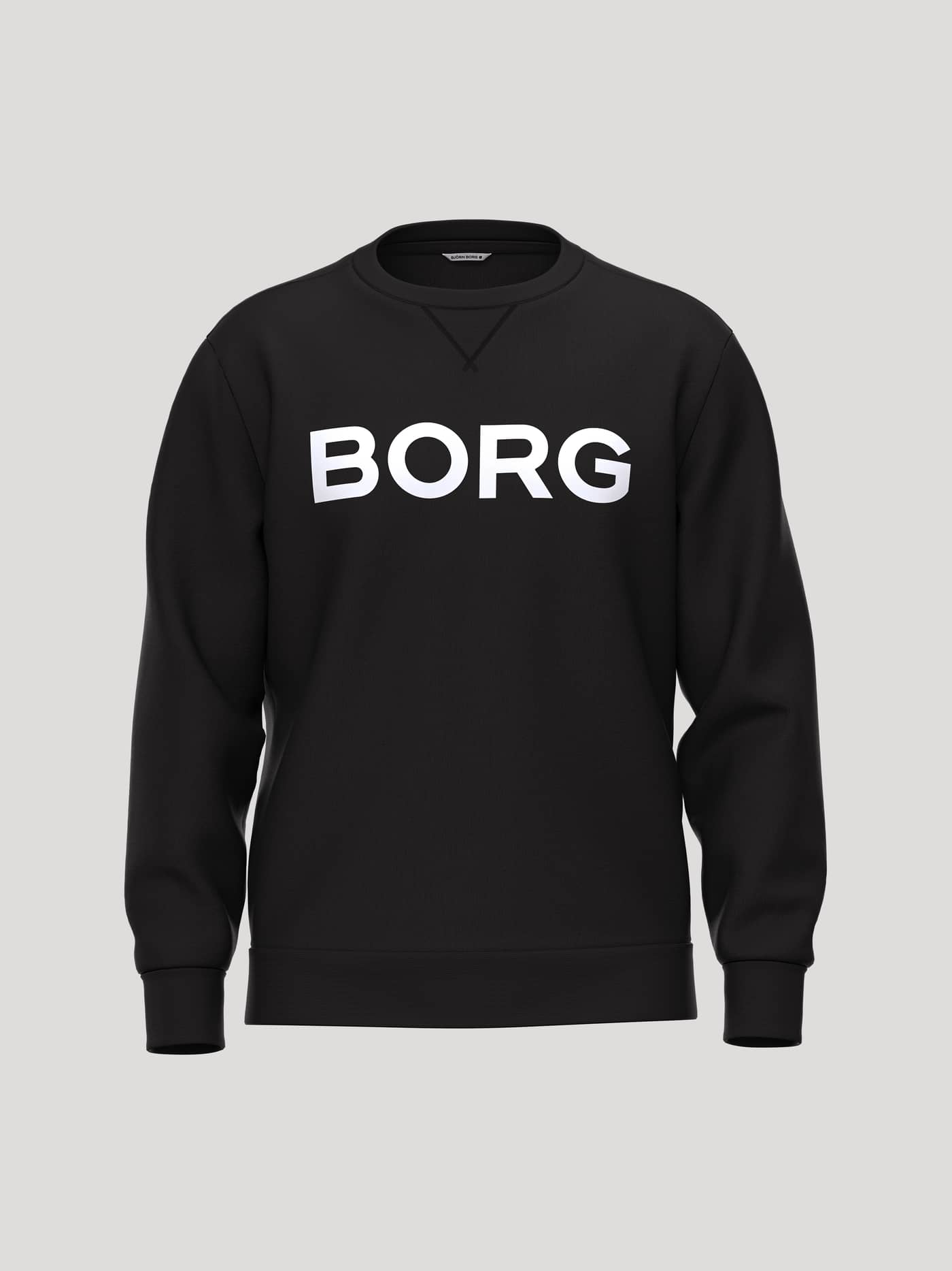 Vue de face du Borg Essential 3 Sweatshirt en Black Beauty (Noir) avec logo blanc et détail de triangle côtelé. - Image 1