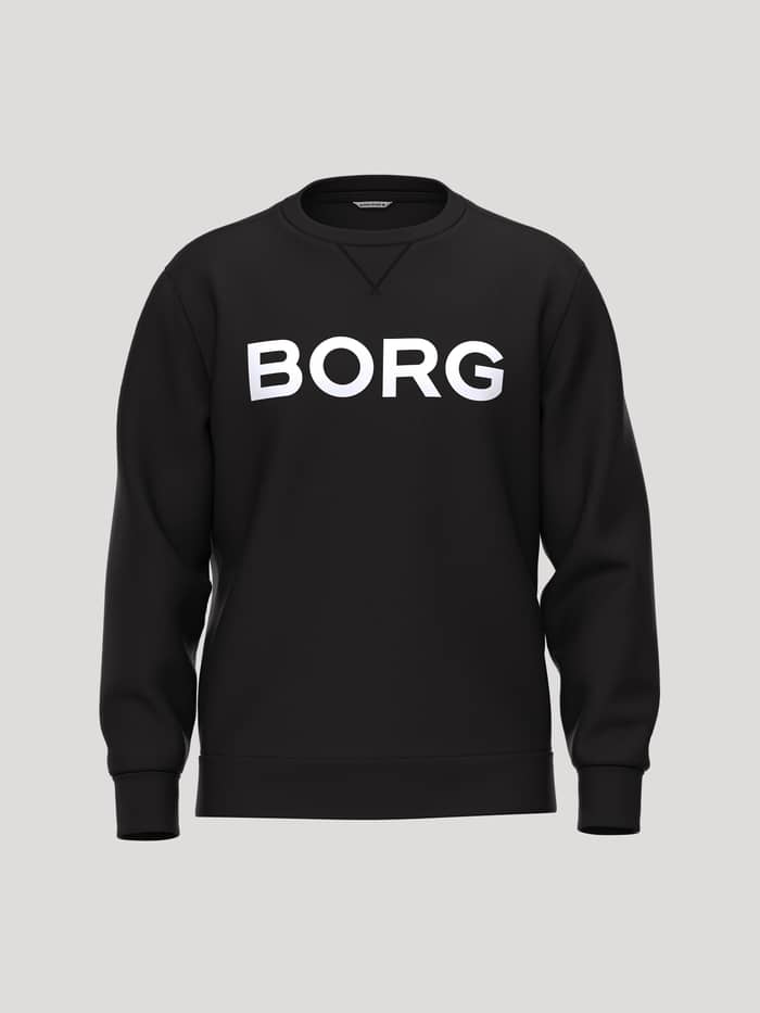 Vue de face du Borg Essential 3 Sweatshirt en Black Beauty (Noir) avec logo blanc et détail de triangle côtelé.