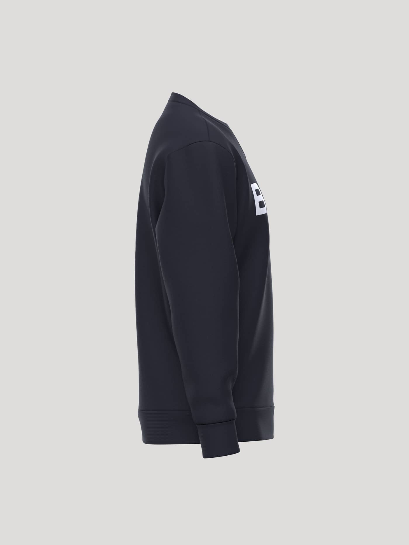 Side view of the Borg Essential 3 Sweatshirt in Night sky (Navy) with a white logo and tennis ball neck detail. - Image 4