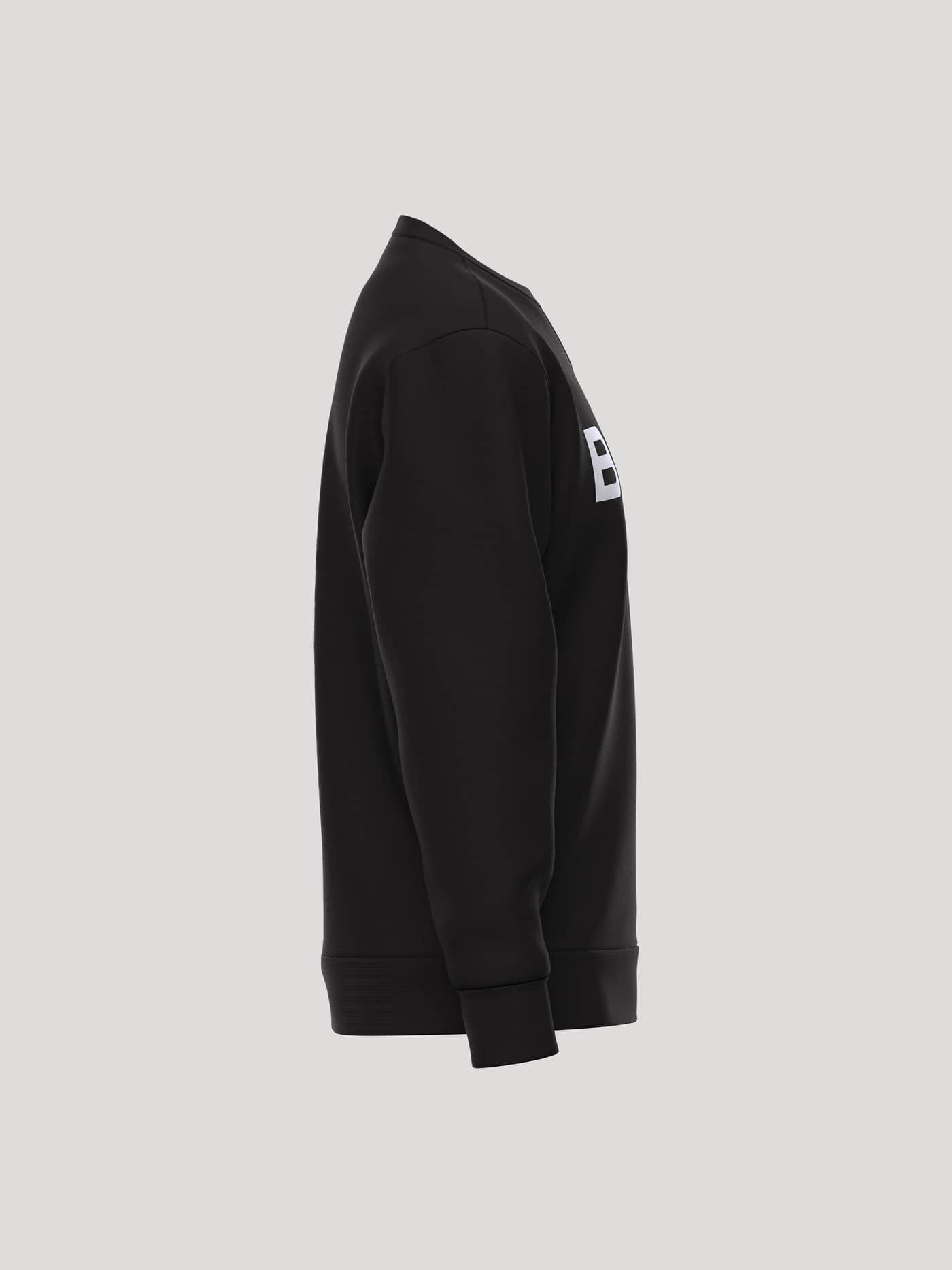 Side view of the Borg Essential 3 Sweatshirt in Black Beauty (Black) featuring a white chest logo and ribbed cuffs. - Image 4