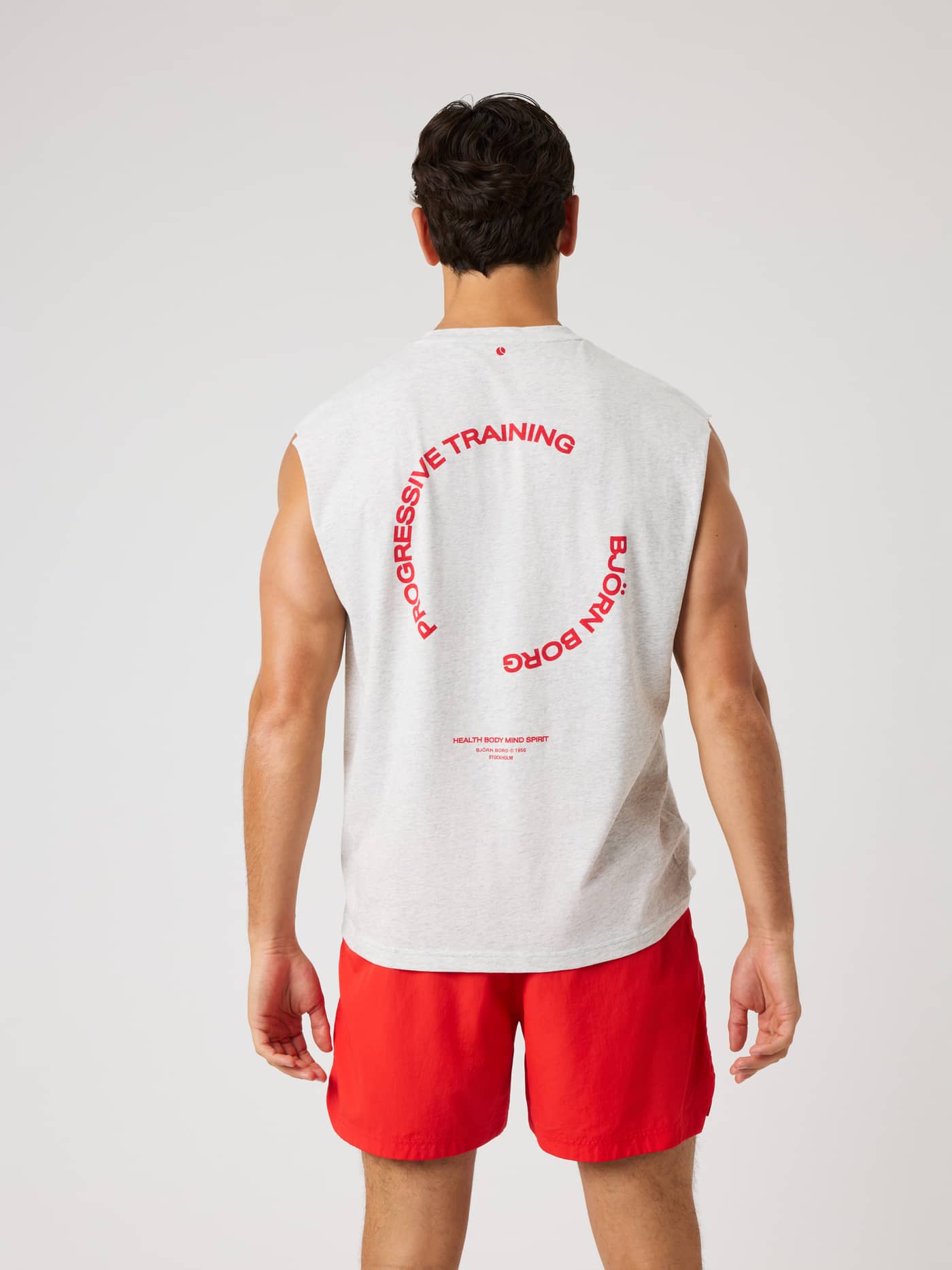 Borg Gym Sleeveless T-Shirt in Ultra Light Grey Melange (Grey) with red training and tennis graphics on the back. - Image 3