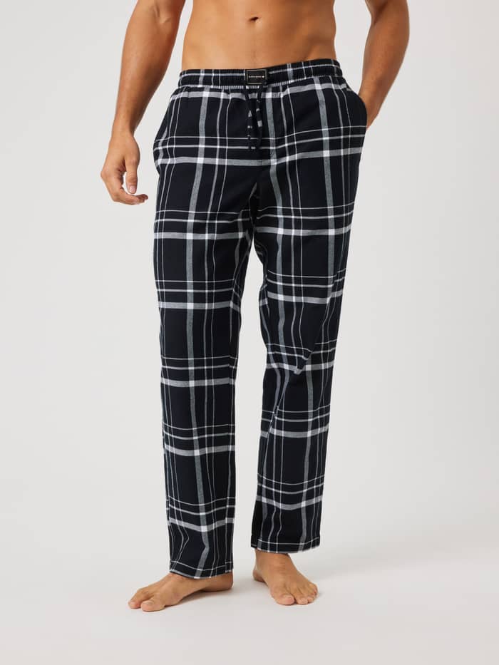 Björn Borg Core Flannel Pyjama Pants in Lounge Pattern (Black, Grey, White) with a soft brushed check and black logo patch.