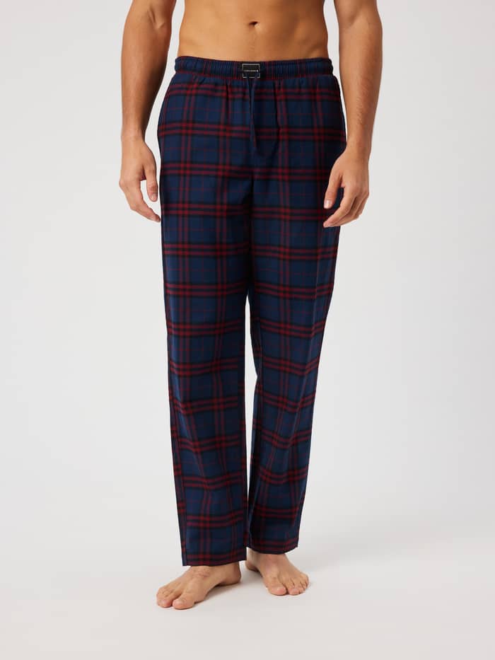 Front view of the Core Flannel Pyjama Pants in a blue and red tartan check pattern with an adjustable drawstring waist.