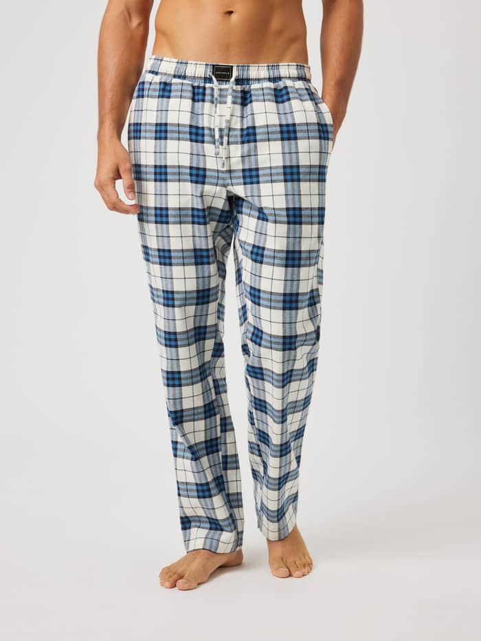 Björn Borg Core Flannel Pyjama Pants in blue and white Tri Tartan 1 (Multi) check pattern, front view on a model.
