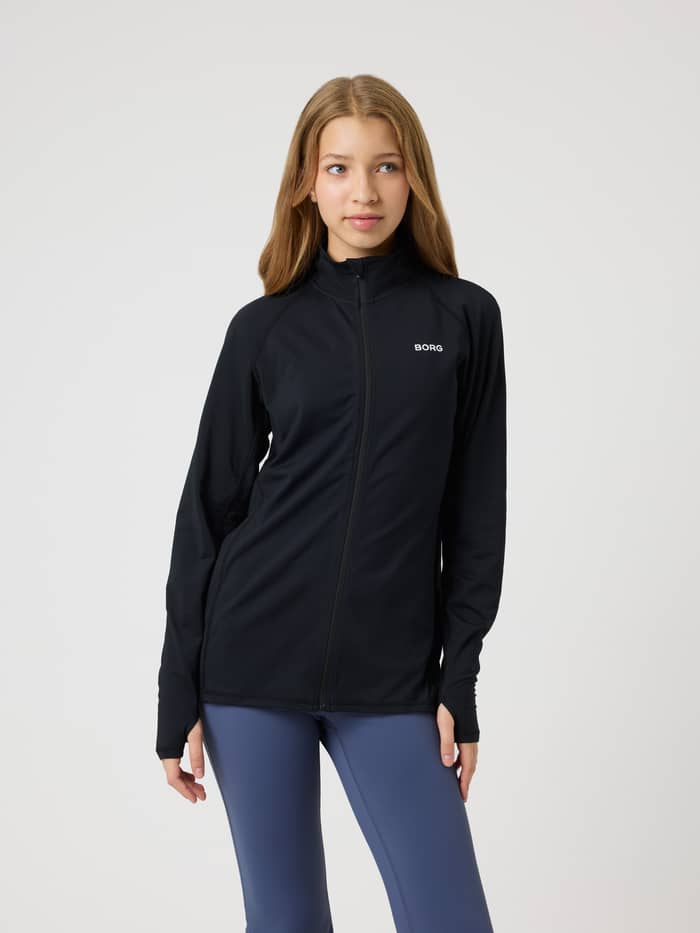 Borg Full Zip Midlayer til kids i Black Beauty (Svart) med tommelhull og hvit logo til trening.