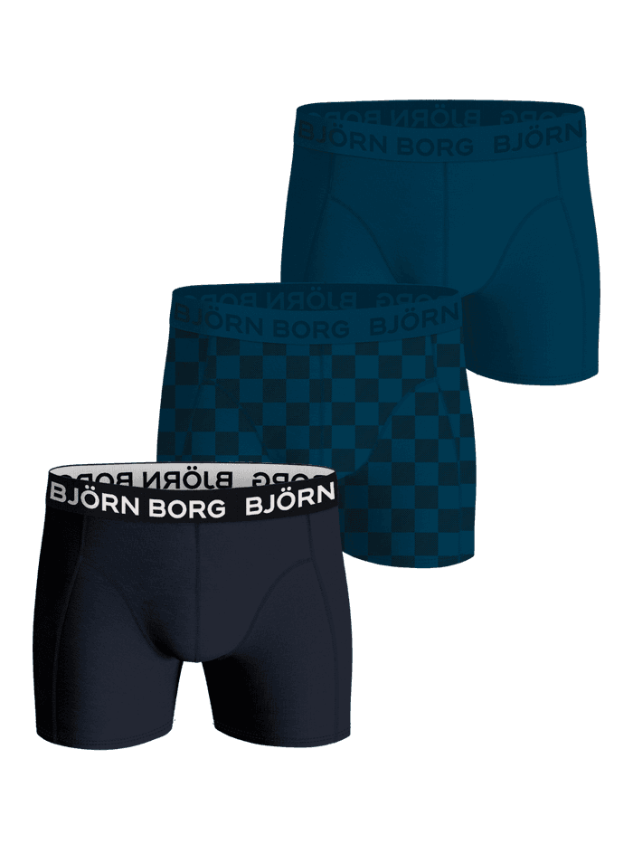 Bamboo Cotton Blend Boxers 3-pack of soft boxer briefs in blue, navy, and checkered print with white and blue logos.