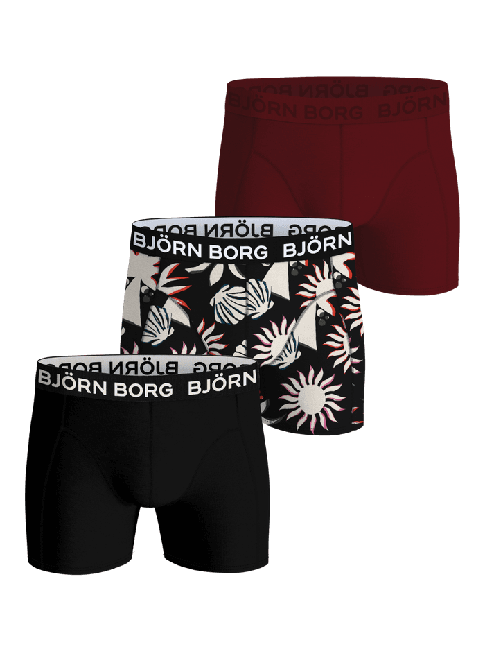 Bamboo Cotton Blend Boxers 3-pack in black, red and floral print boxer briefs with white and red logo waistbands.