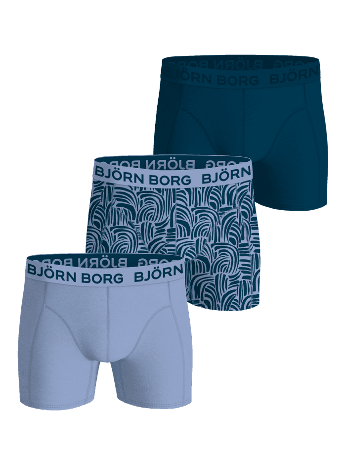 Bamboo Cotton Blend Boxers 3-pack featuring boxer briefs in blue and a wavy print with blue logo waistbands.