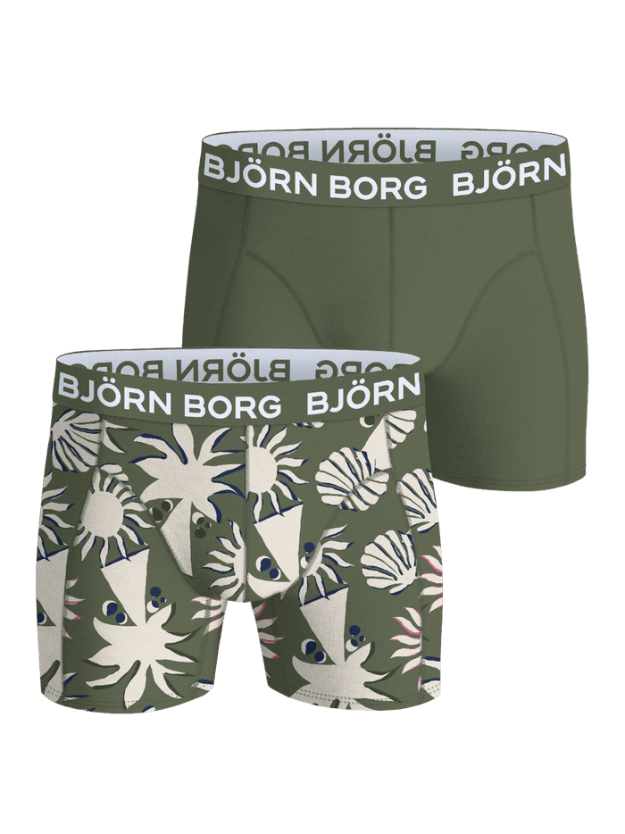 Bamboo Cotton Blend Boxers 2-pack featuring green and palm print boxer briefs with white logos and a mid-rise fit.