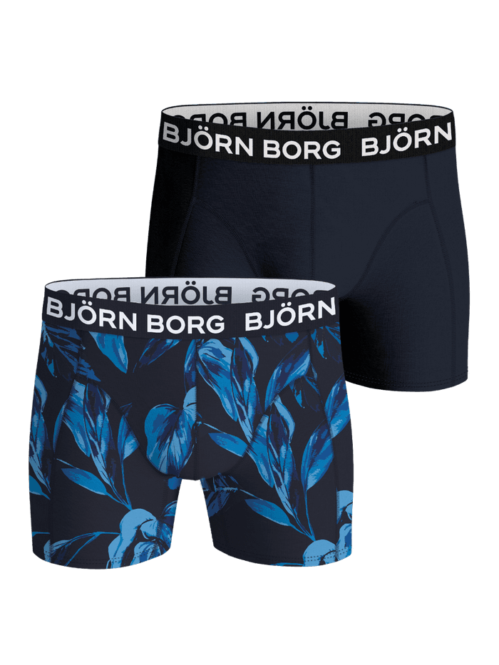 Bamboo Cotton Blend Boxers 2-pack featuring navy blue and blue leaf print boxer briefs with white logo waistbands.