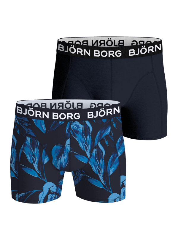 Bamboo Cotton Blend Boxers 2-pack i marineblå og blåt bladprint med hvidt logo på linningen. - Image 1