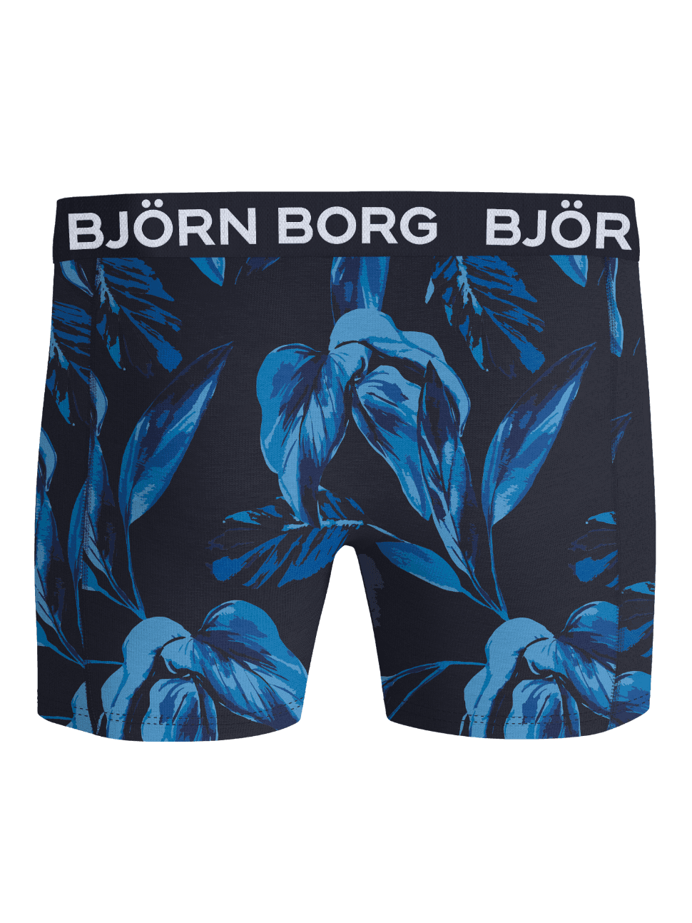 Bamboo Cotton Blend Boxers 2-pack boxer briefs in a blue and navy tropical leaf print with a white logo waistband. - Image 3