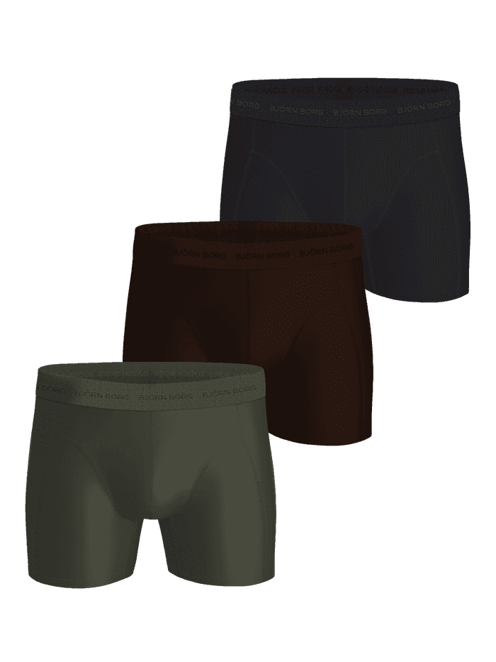 Microfiber Boxers 3-pack in black, brown, and green with tonal logo waistbands and a technical, quick-dry finish.