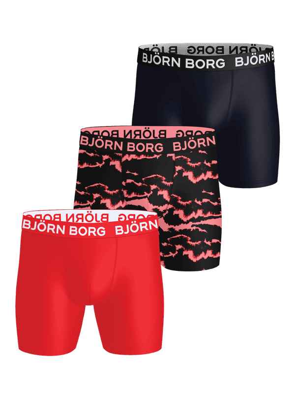 Sports Microfiber Boxers 3-pack in navy, red, and a pink abstract print for training with white logos.