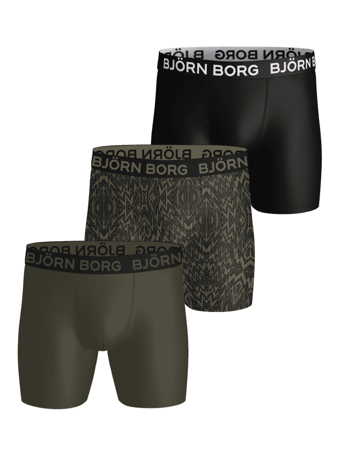 Sports Microfiber Boxers 3-pack in black, green, and zig-zag print boxer briefs with black and white logos for training.