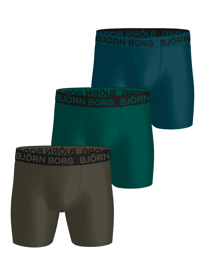 Sports Microfiber Boxers 3-pack in olive, forest, and teal green with black logo waistbands for active training.