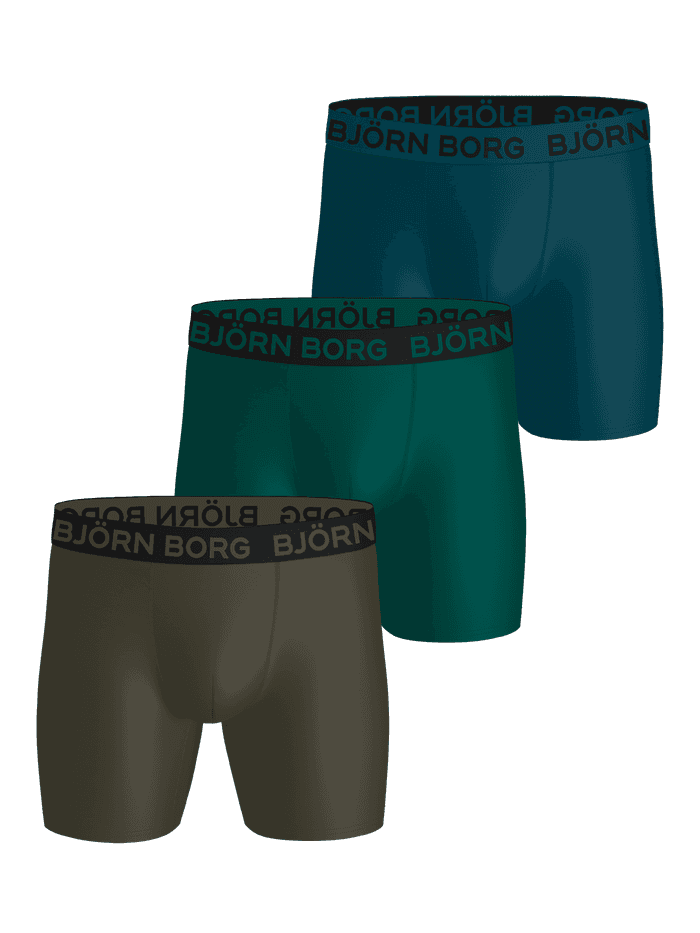Sports Microfiber Boxers 3-pack in olive, forest, and teal green with black logo waistbands for active training.