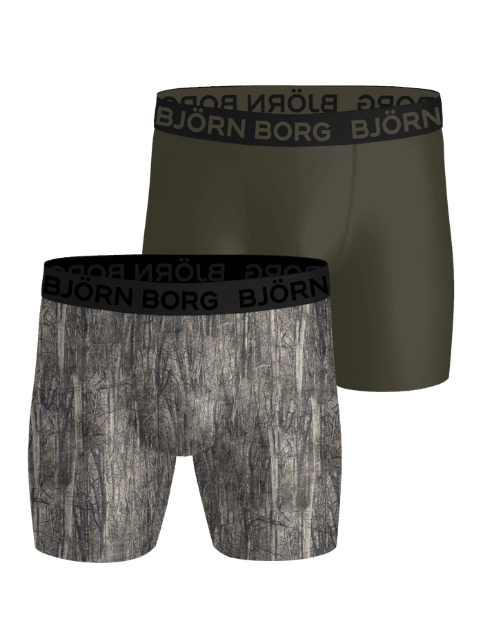 Sports Microfiber Boxers 2-pack in green and a forest print featuring black logo waistbands for performance training.