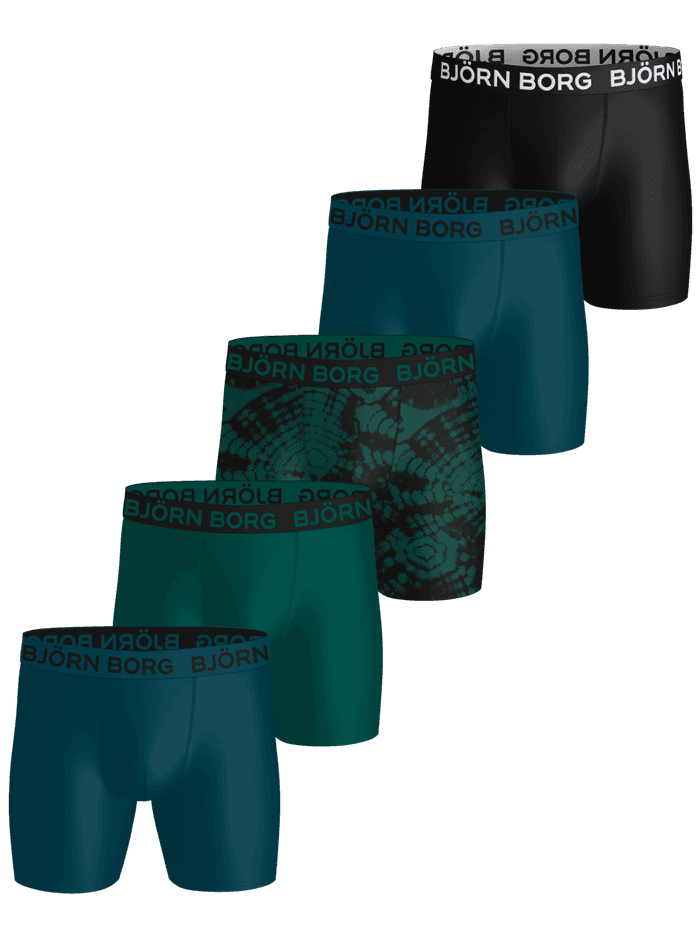 Sports Microfiber Boxers 5-pack in black, green, and patterned print; training boxer briefs with white and black logos.