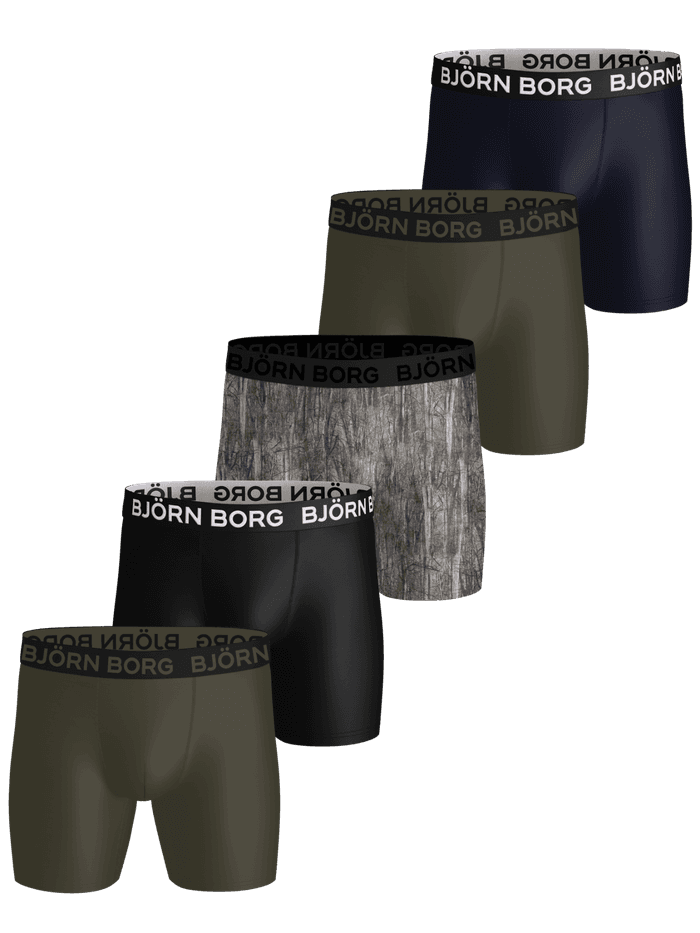 Sports Microfiber Boxers 5-pack in navy, green, woodland print, and black training boxer briefs with white and black logos.
