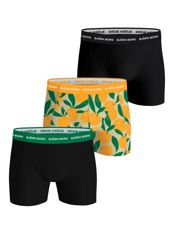 Cotton Stretch Boxers 3-pack in black and orange fruit print boxer briefs with white logo waistbands in green and orange.