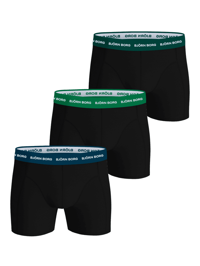 Cotton Stretch Boxers 3-pack of black cotton boxer briefs with green and blue waistbands and white logos.