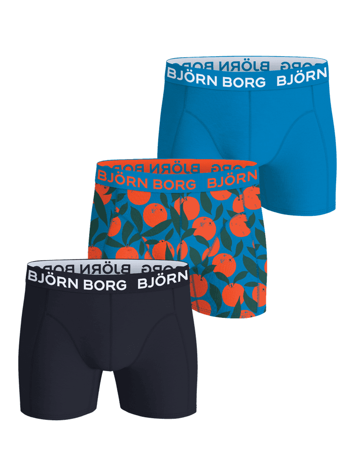 Cotton Stretch Boxers 3-pack featuring blue, navy, and orange citrus print boxer briefs with an iconic logo waistband.