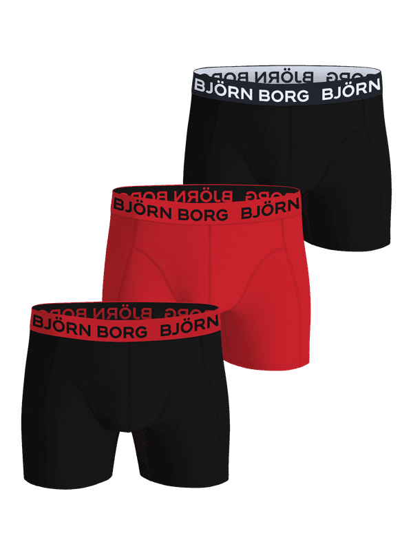 Cotton Stretch Boxers 3-pack featuring black and red boxer briefs with contrasting white and black logo waistbands.