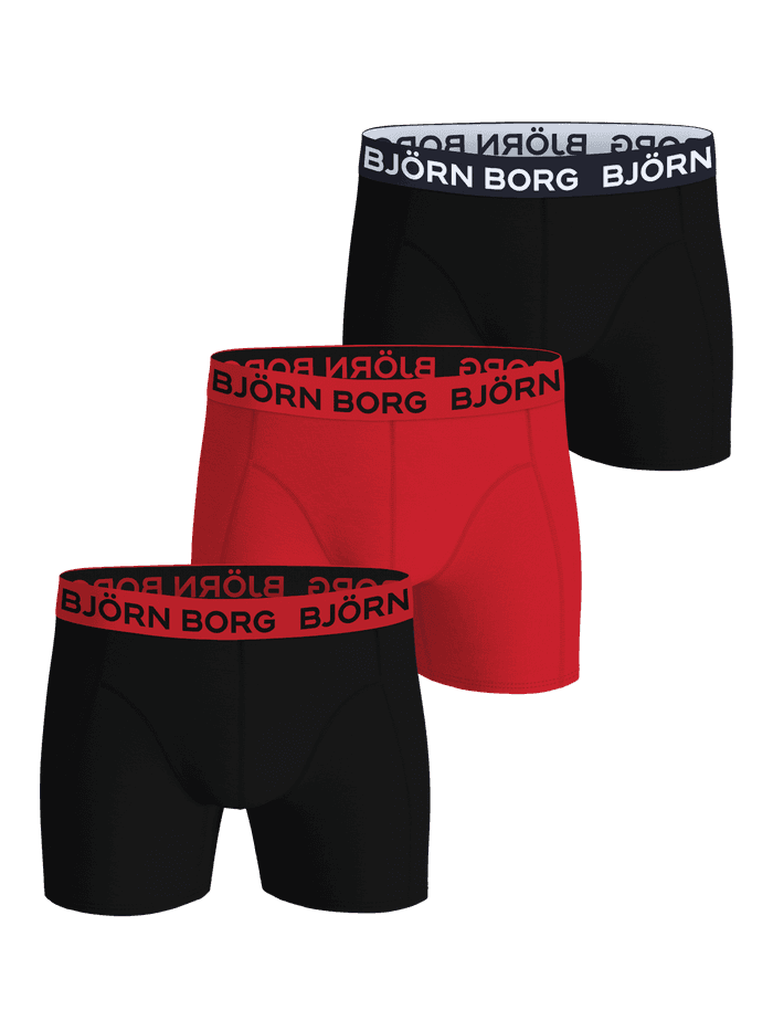 Cotton Stretch Boxers 3-pack noir et rouge avec logo Björn Borg blanc et noir contrasté sur la ceinture.