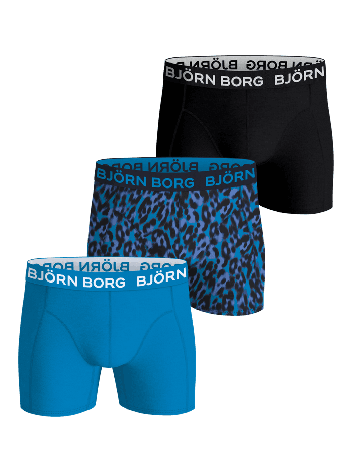 Cotton Stretch Boxers 3-pack en noir, bleu et imprimé léopard avec logos iconiques blancs et bleus.