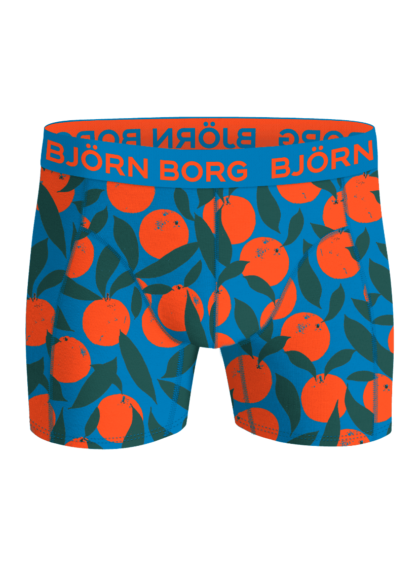 Cotton Stretch Boxers 3-pack men's boxer briefs in blue featuring an orange fruit print and orange logo waistband. - Image 4