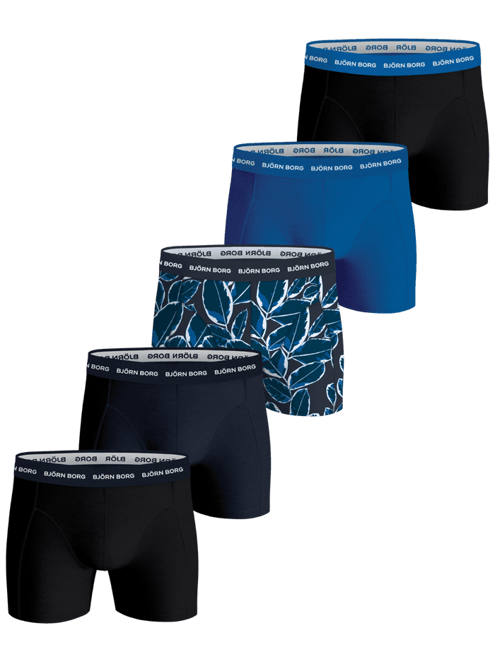 Cotton Stretch Boxers 5-pack in black, blue, and navy with a leaf print and elastic waistbands featuring white logos.