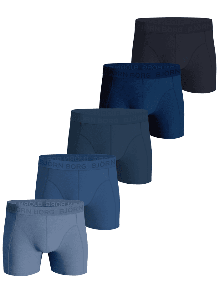 Cotton Stretch Boxers 5-pack featuring five pairs of navy blue and blue boxer briefs with a tonal logo waistband.