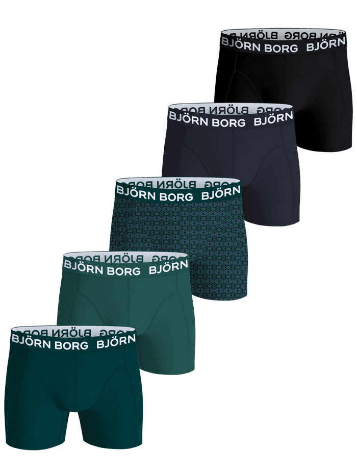 Cotton Stretch Boxers 5-pack en noir, bleu marine, vert et imprimé géométrique avec logos Björn Borg blancs.