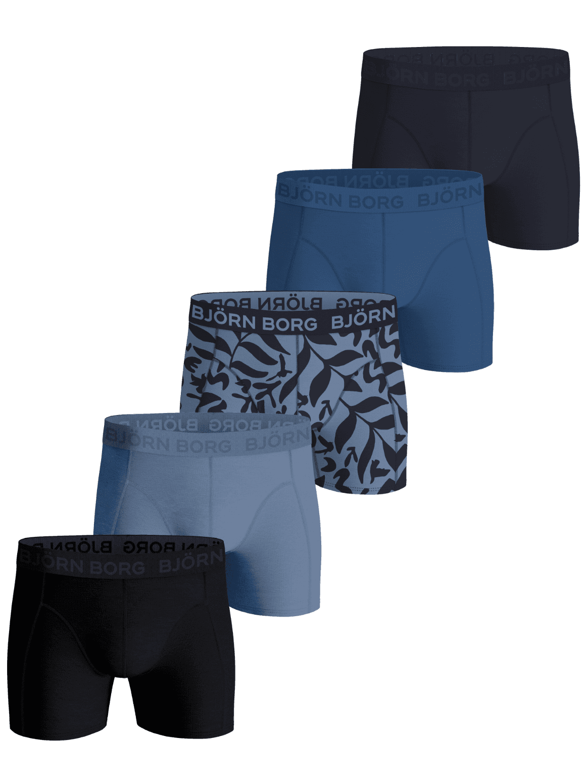 Cotton Stretch Boxers 5-pack i marinblått, blått, svart och bladmönster med BOLD-logotyp på midjeresåren. - Image 1