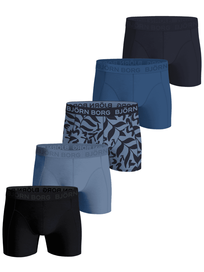 Vue de face du Cotton Stretch Boxers 5-pack en noir, bleu, marine et motif feuilles avec ceinture à logo BOLD.