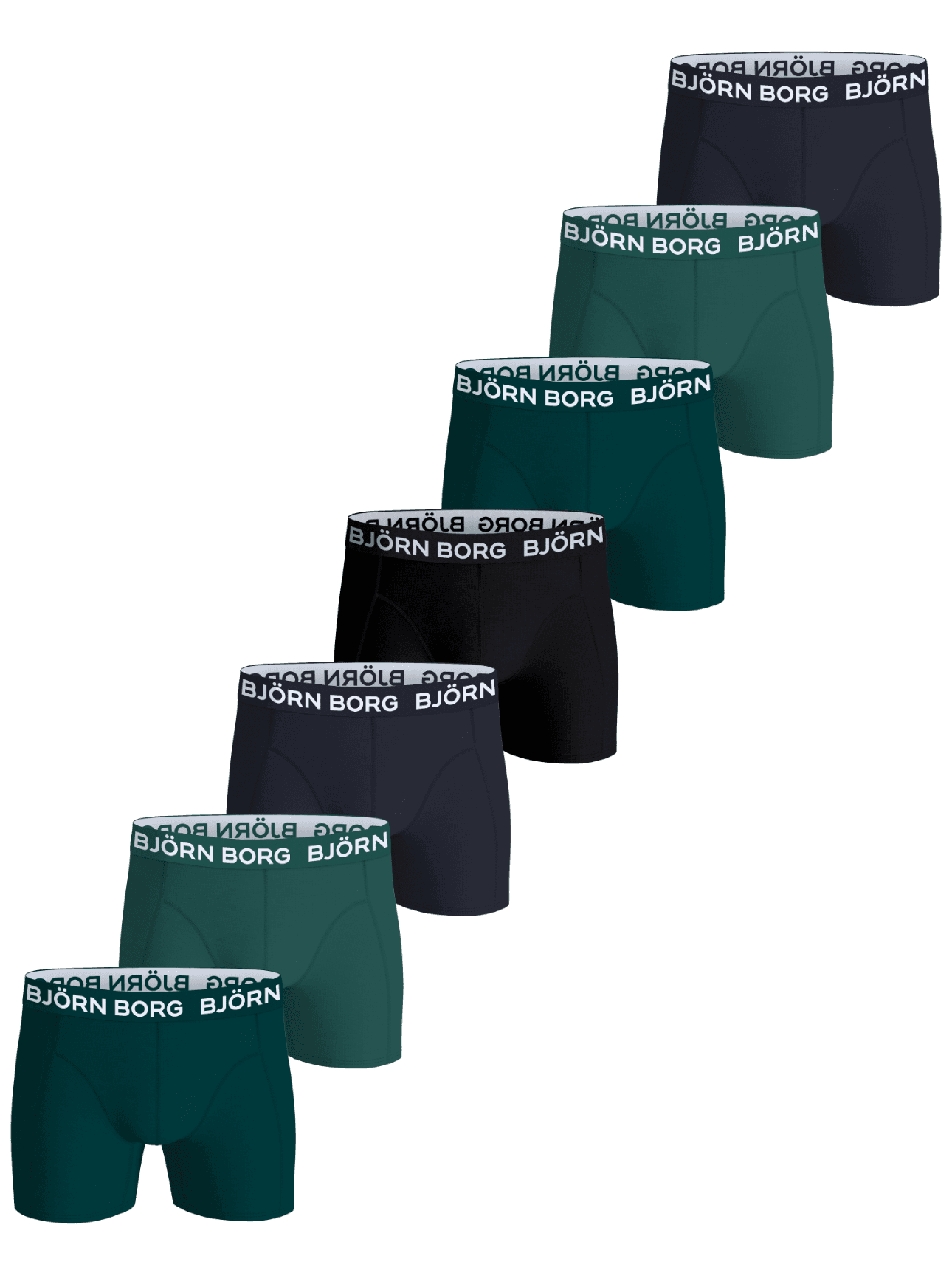 Cotton Stretch Boxers 7-pack featuring boxer briefs in Navy Blue, Green, and Black with a signature bold waistband. - Image 1