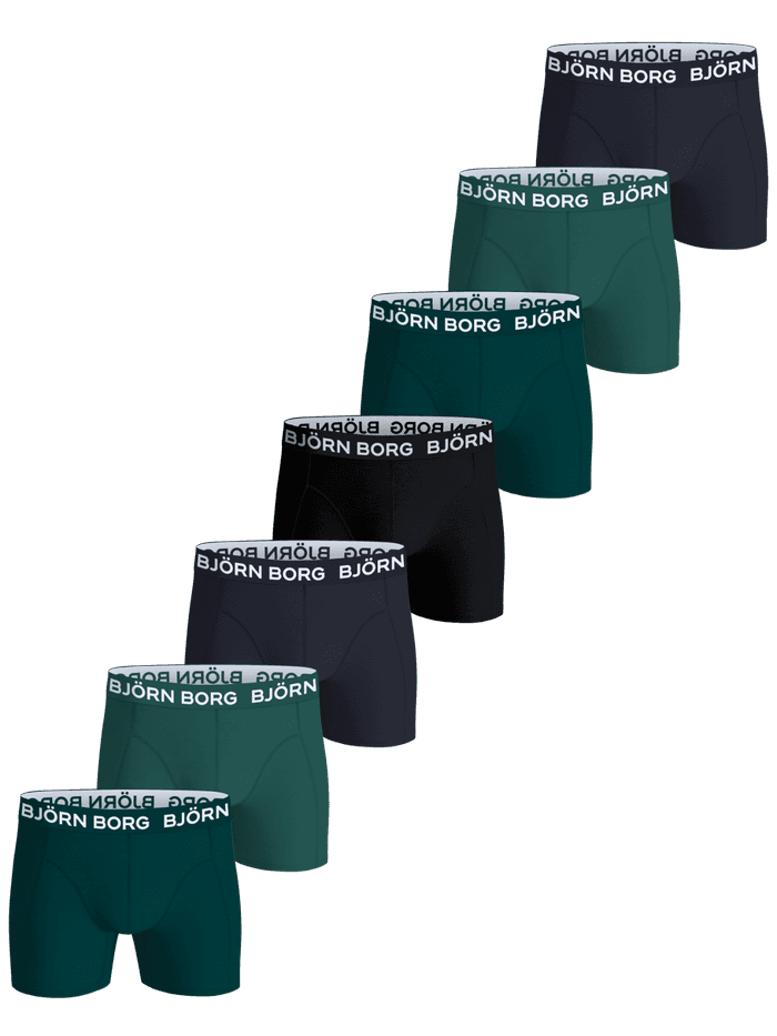 Cotton Stretch Boxers 7-pack featuring boxer briefs in Navy Blue, Green, and Black with a signature bold waistband.