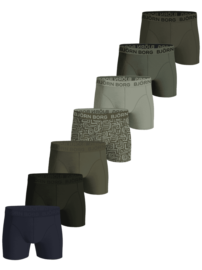 Cotton Stretch Boxers 7-pack en vert, bleu marine et gris avec motif géométrique et ceinture à logo noir.
