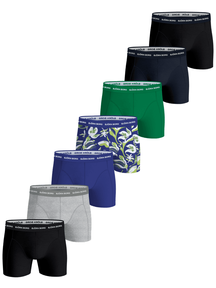 Cotton Stretch Boxers 7-pack featuring soft cotton boxer briefs in black, navy blue, green, blue, melange, and leaf print.