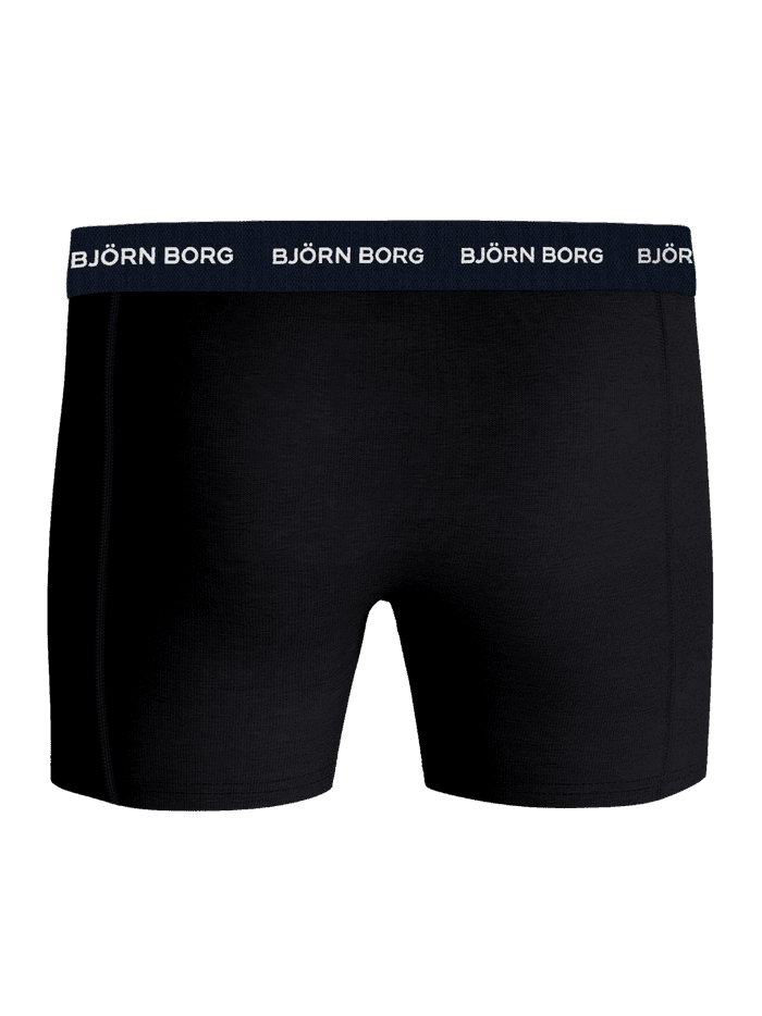 Vooraanzicht van de zwarte Cotton Stretch Boxers 7-pack van katoen met een wit Björn Borg logo en marineblauwe tailleband. - Image 3