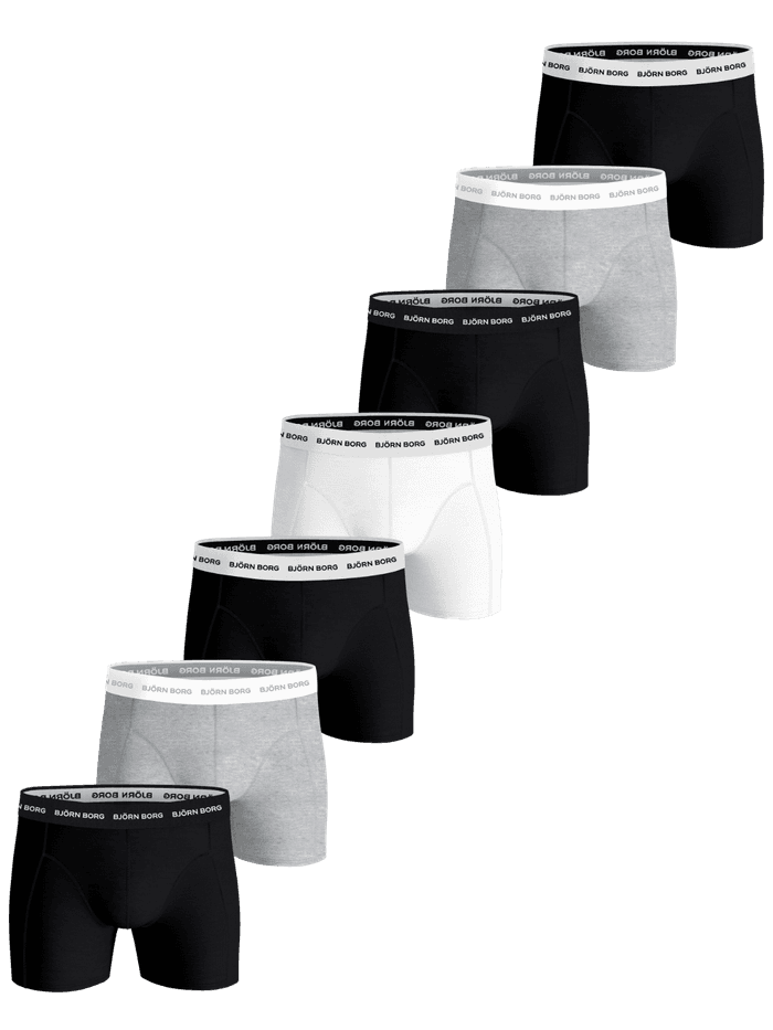 Cotton Stretch Boxers 7-pack with black, grey, and white boxer briefs featuring a signature black and white logo waistband.