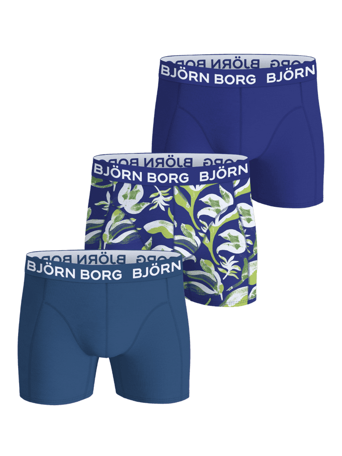 Cotton Stretch Boxers 3-pack för barn i blått och lövtryck med mjuk bomull och vit logotyp på resåren.