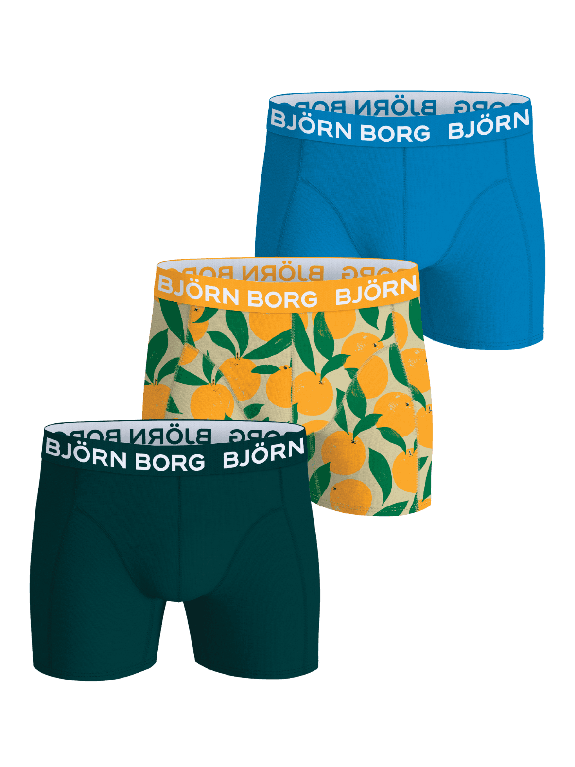 Cotton Stretch Boxers 3-pack til barn i blått, grønt og oransje fruktprint med ikonisk logostrikk i midjen. - Image 1